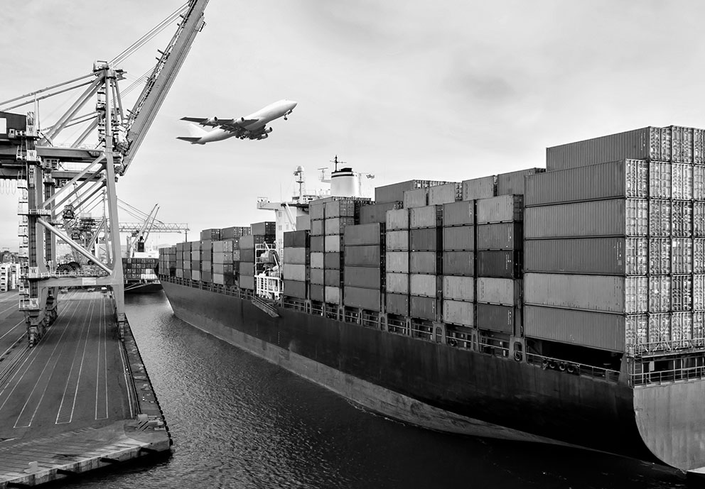 Cargo ships in port filled with containers, freight cranes and an airplane flying over.